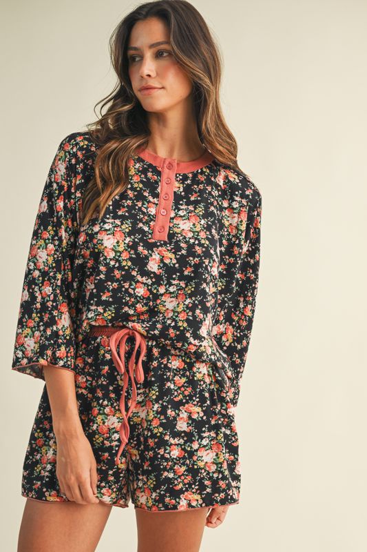 Rose Print Top &amp; Short Set-Black