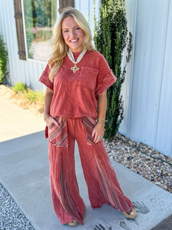 Mineral Wash Striped Flare Pants-Burnt Orange