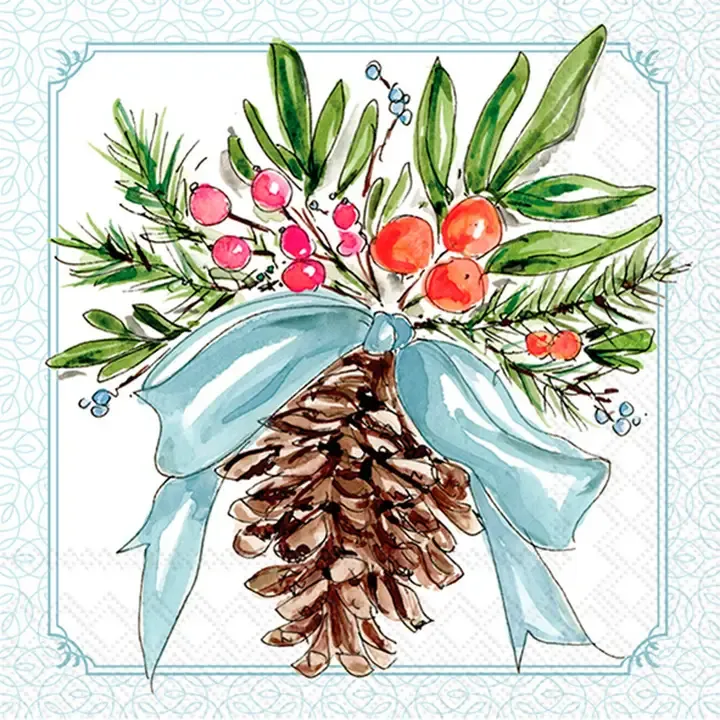 VG Paper Cocktail Napkin 20ct Pinecones &amp; Ribbons
