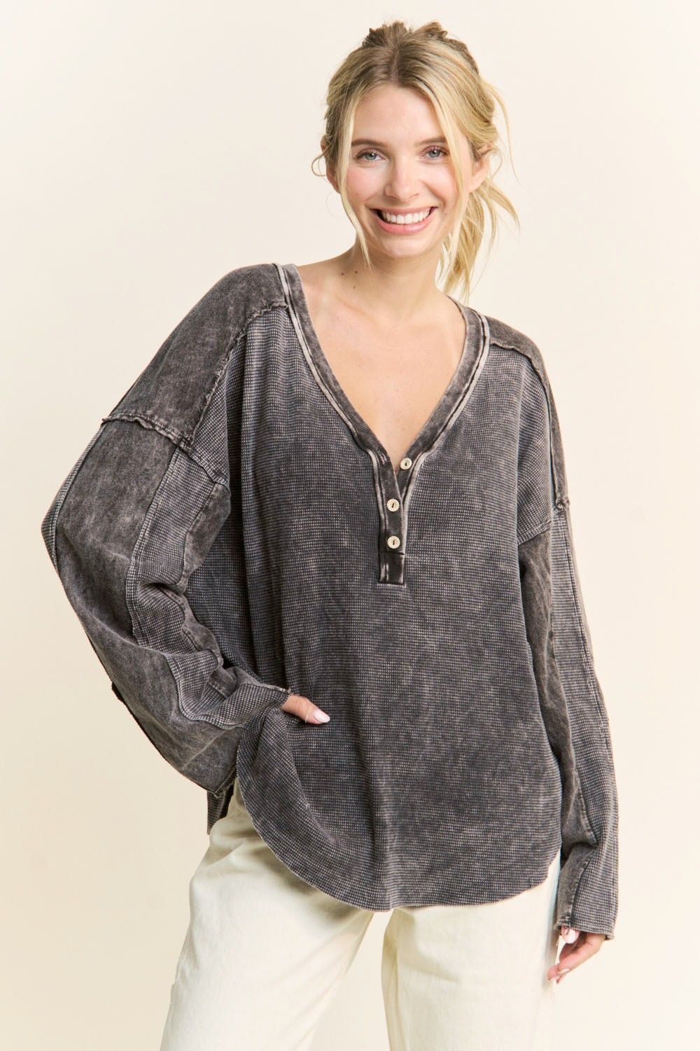 RD Vintage Waffle Top-Ashed Black