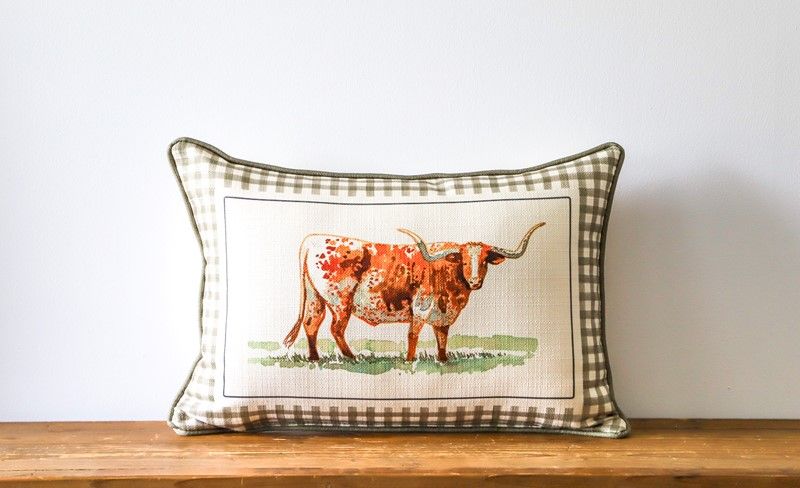 Gingham Watercolor Longhorn Pillow + Piping