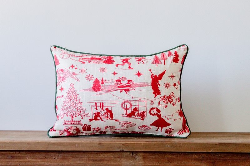 Red Christmas Toile Pattern Pillow-Wreath