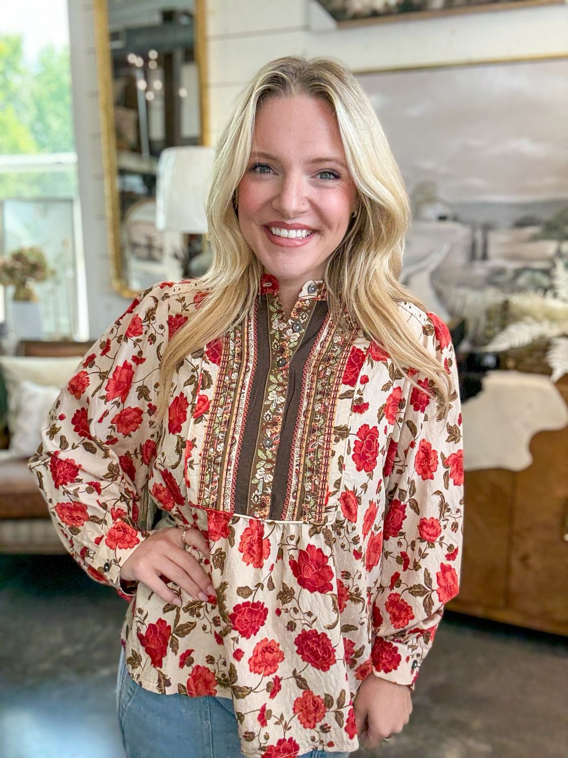 Sabrina Floral Print Top-Ecru