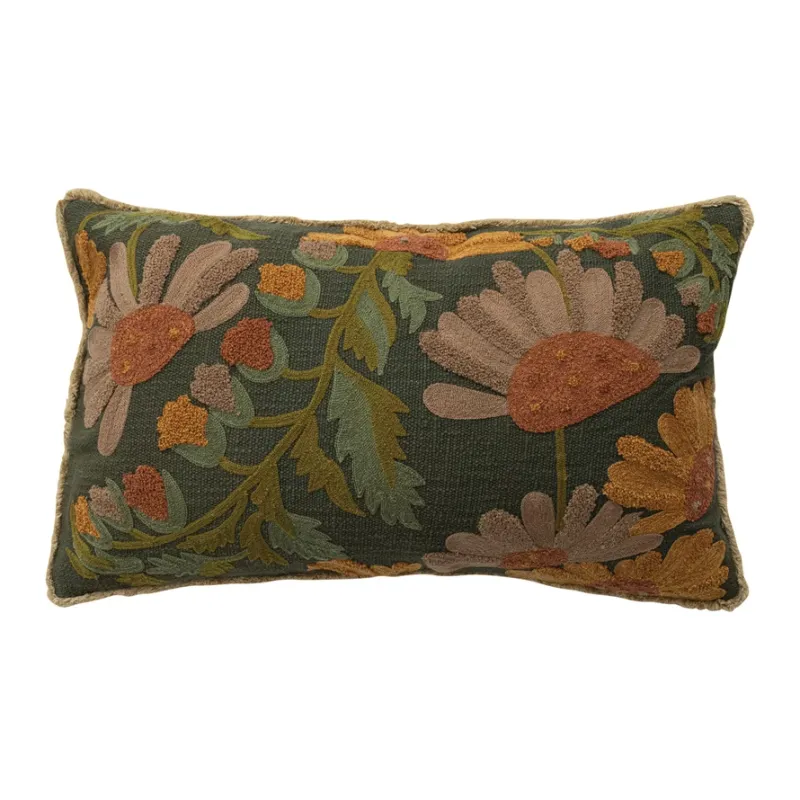 Cotton Slub Embroidered Pillow with Flowers