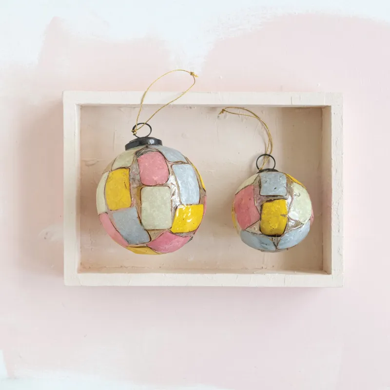 3" Round Glass Rectangle Pattern Ornament-XS9925