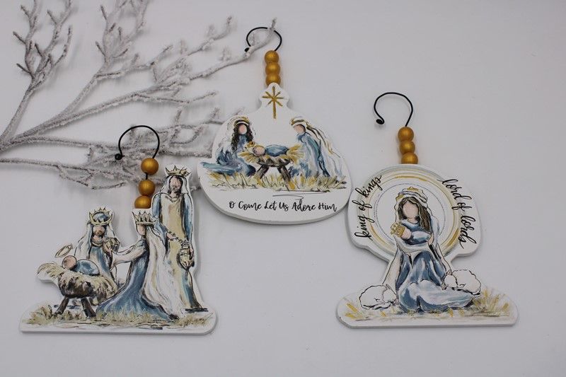 10.25&quot; Wood Nativity Ornament Blue