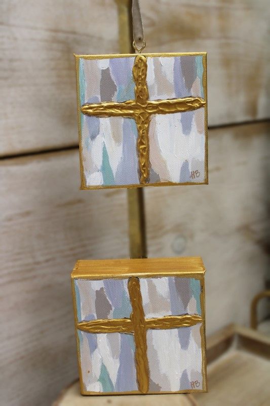 4&quot; Handpainted Canvas Oranemnt Blue/Gold