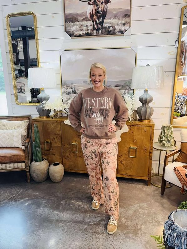 Cowboy Embroidery Sweatshirt-Mocha
