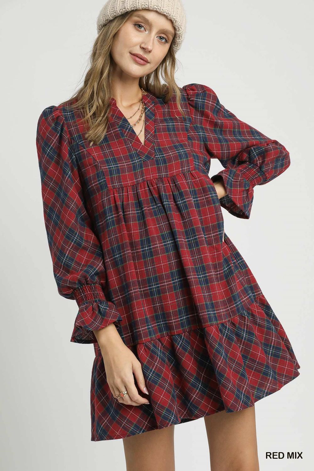 Plaid Tiered Dress-Red Mix