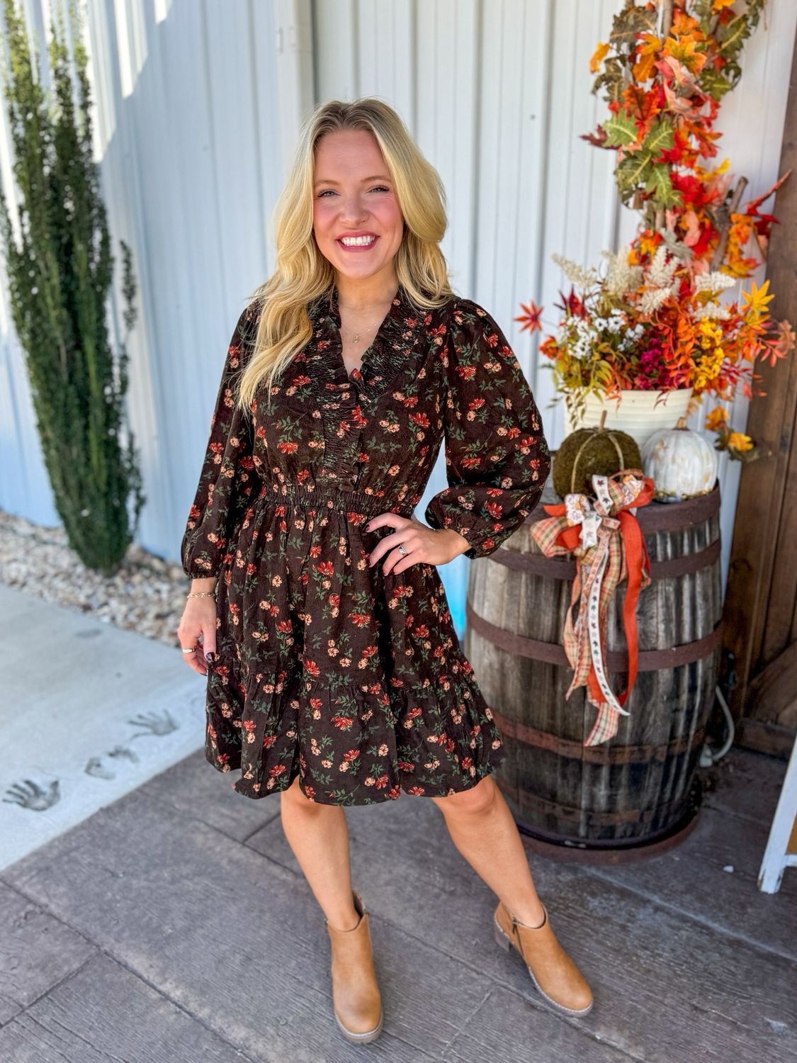 Corduroy Floral Dress-Brown