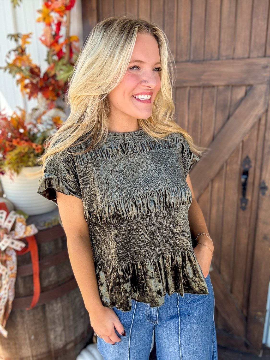 Olive Velvet Smocked Top