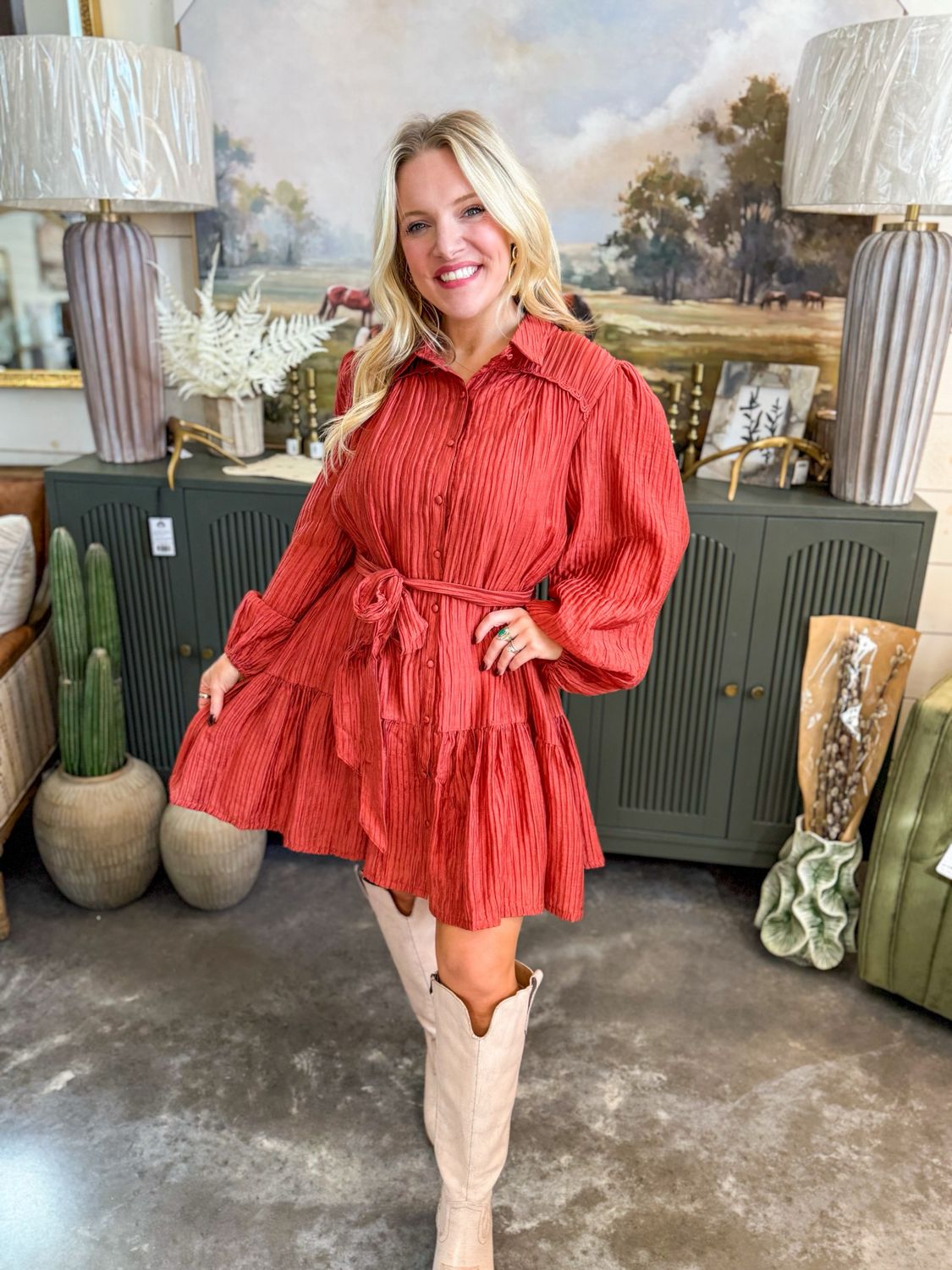 Crinkle Tiered Dress-Rust