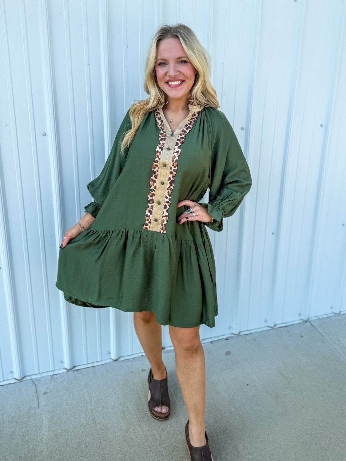 Olive Tiered Leo Trim Dress