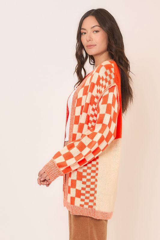 Orange Checker Knit Open Cardigan