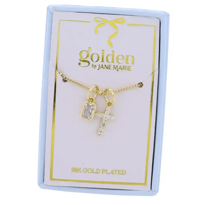 Clear Crystal Cross w Crystal Square Necklace