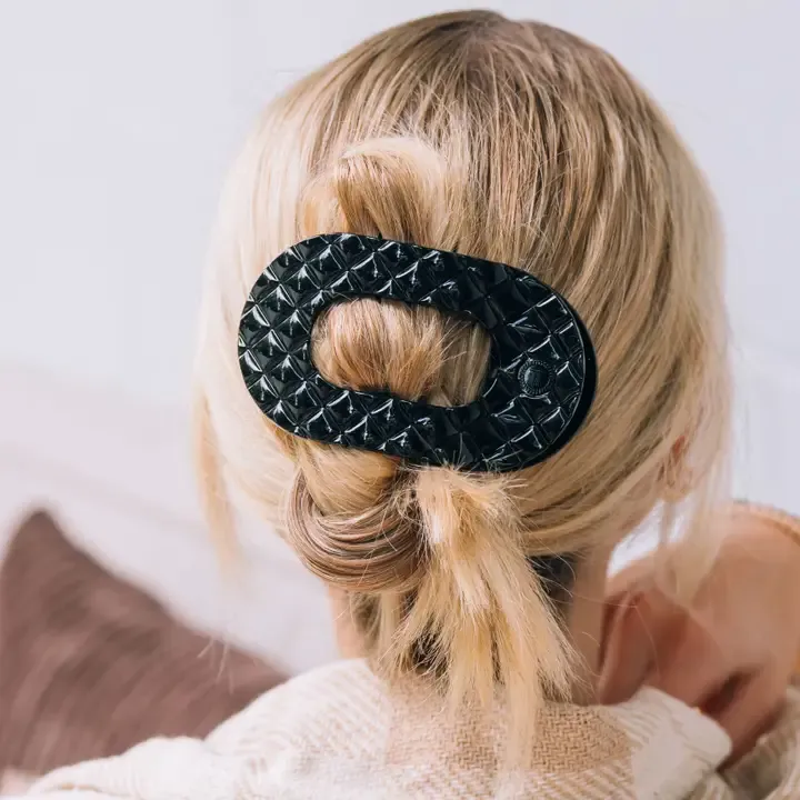 Flat Round Hair Clip-Jet Black Quilted LG