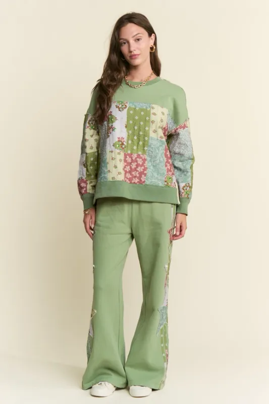 Quilted Pullover-Sage Multi