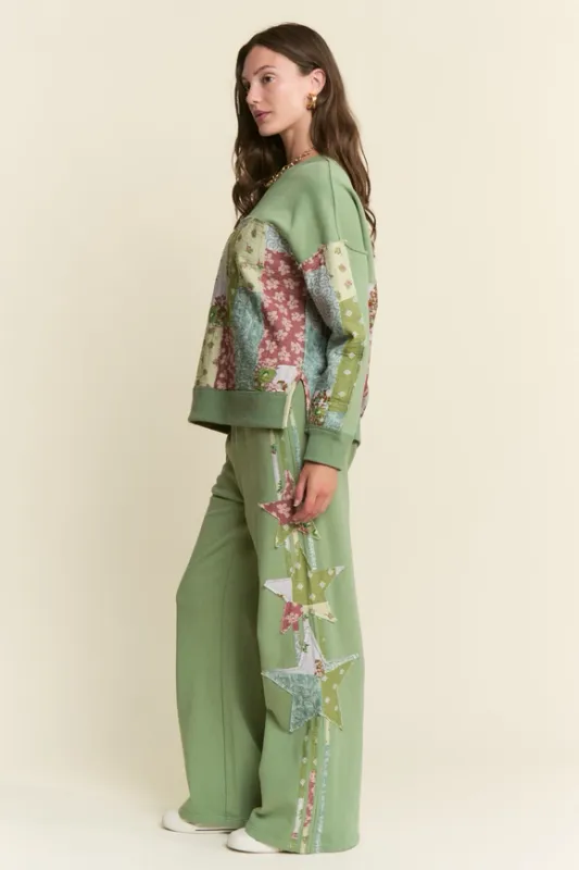 Patchwork Wide Leg Bottom-Sage Multi