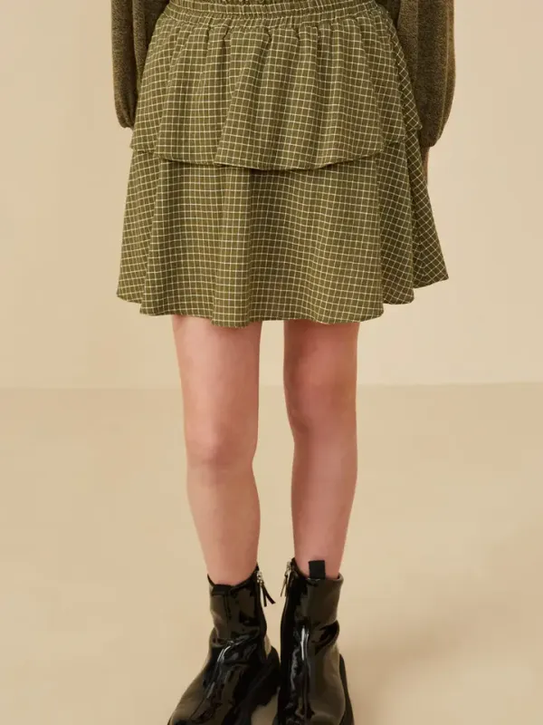 Olive Plaid Tiered Skirt