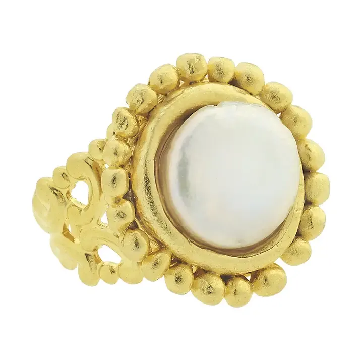 VG Handcast Gold Adjustable Ring w Pearl