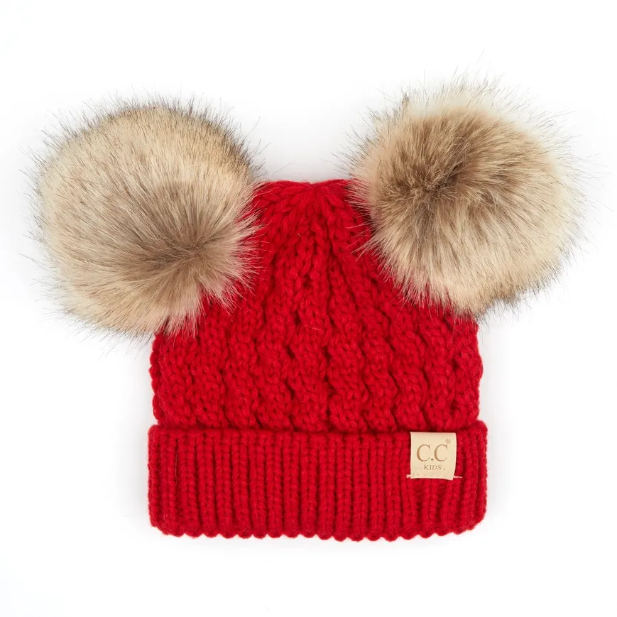 CC Kids Double Fur Pom Beanie-Red