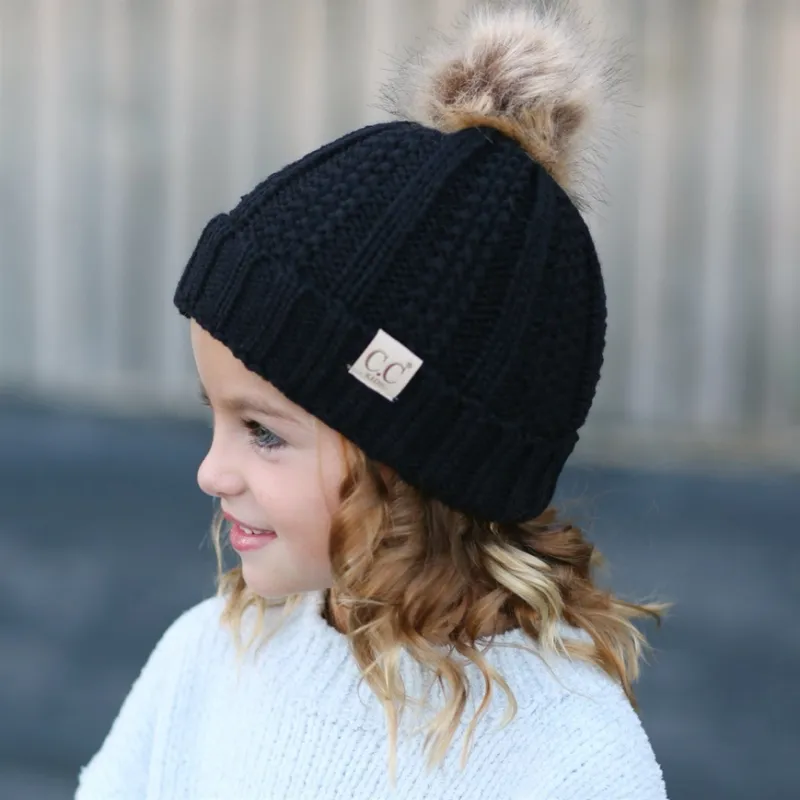 CC Kids Fur Lined Pom Beanie-Black