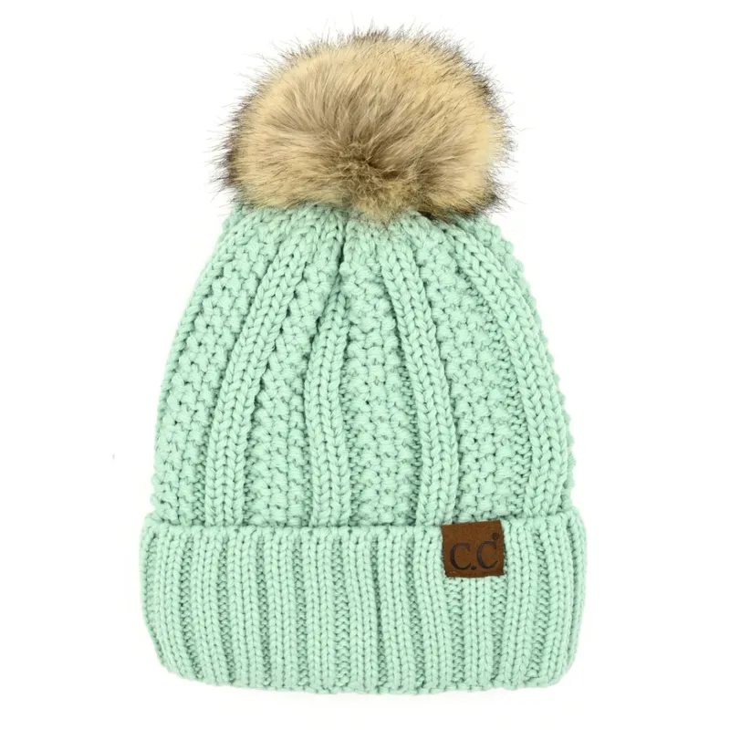CC Kids Fur Lined Pom Beanie-Mint
