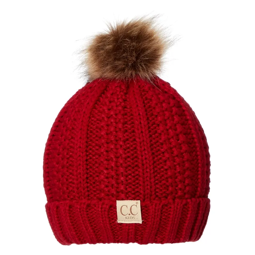 CC Kids Fur Lined Pom Beanie-Red