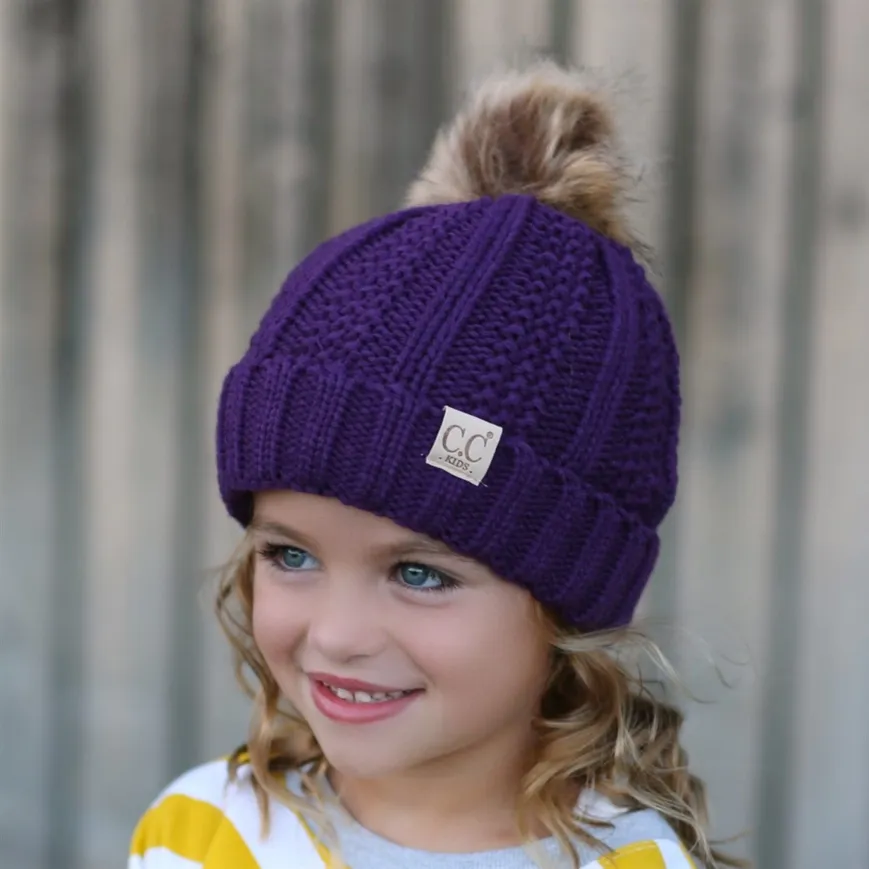 CC Kids Fur Lined Pom Beanie-Purple