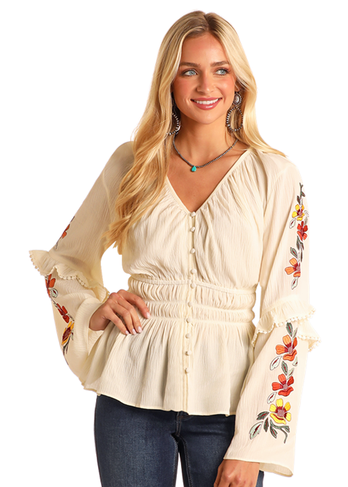 Cream Smocked Button Down w Emb