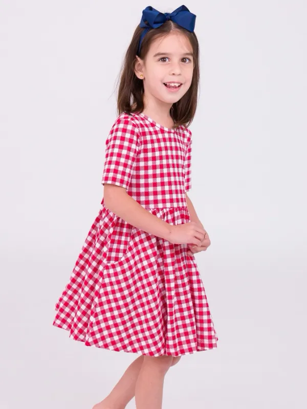 Red Gingham Knit Twill Dress