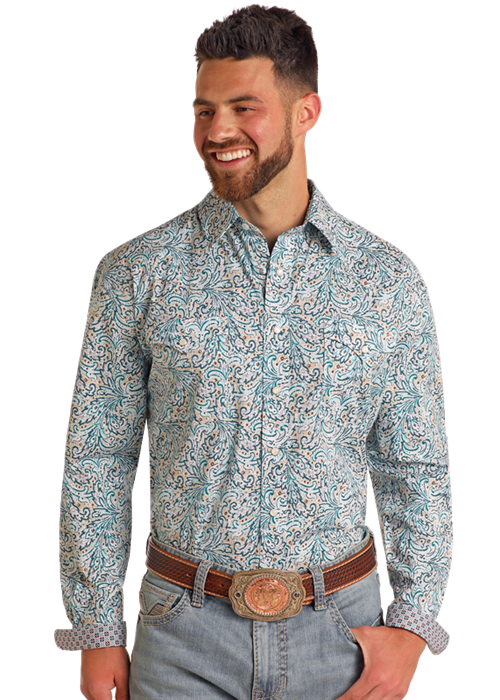 Mens Turquoise Printed Snap Shirt