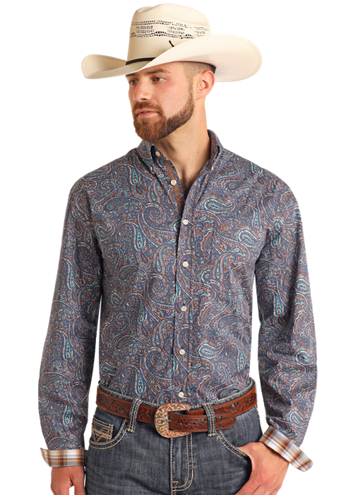 Mens Light Navy Printed Button Down