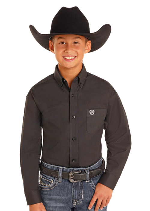 Boys Solid Poplin Button Down-Charcoal