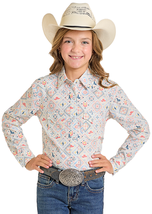 Ecru Girls LS Print Snap Shirt