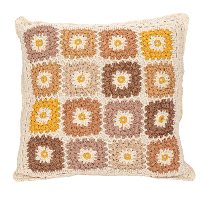 Square Cotton Crocheted Granny Square Pillow w/ Block Pattern