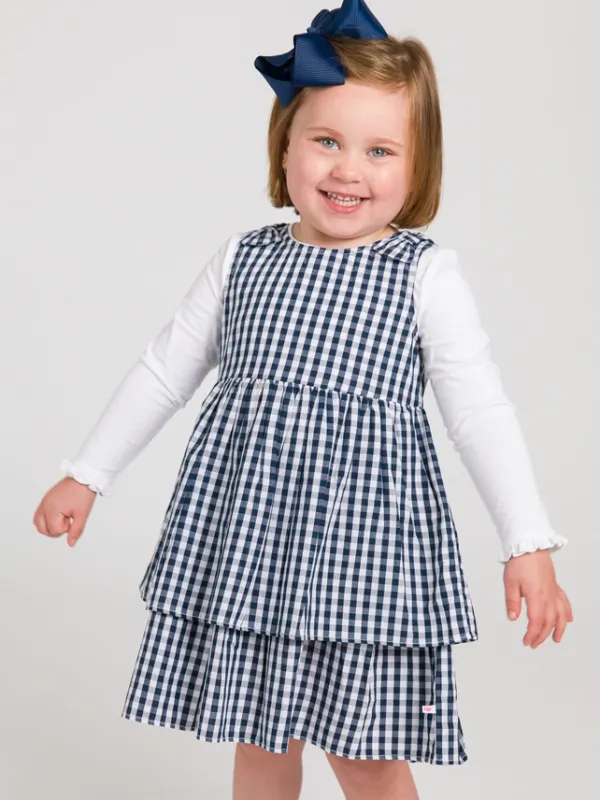 Girls Classic Dark Navy Gingham Bow Jumper Dress