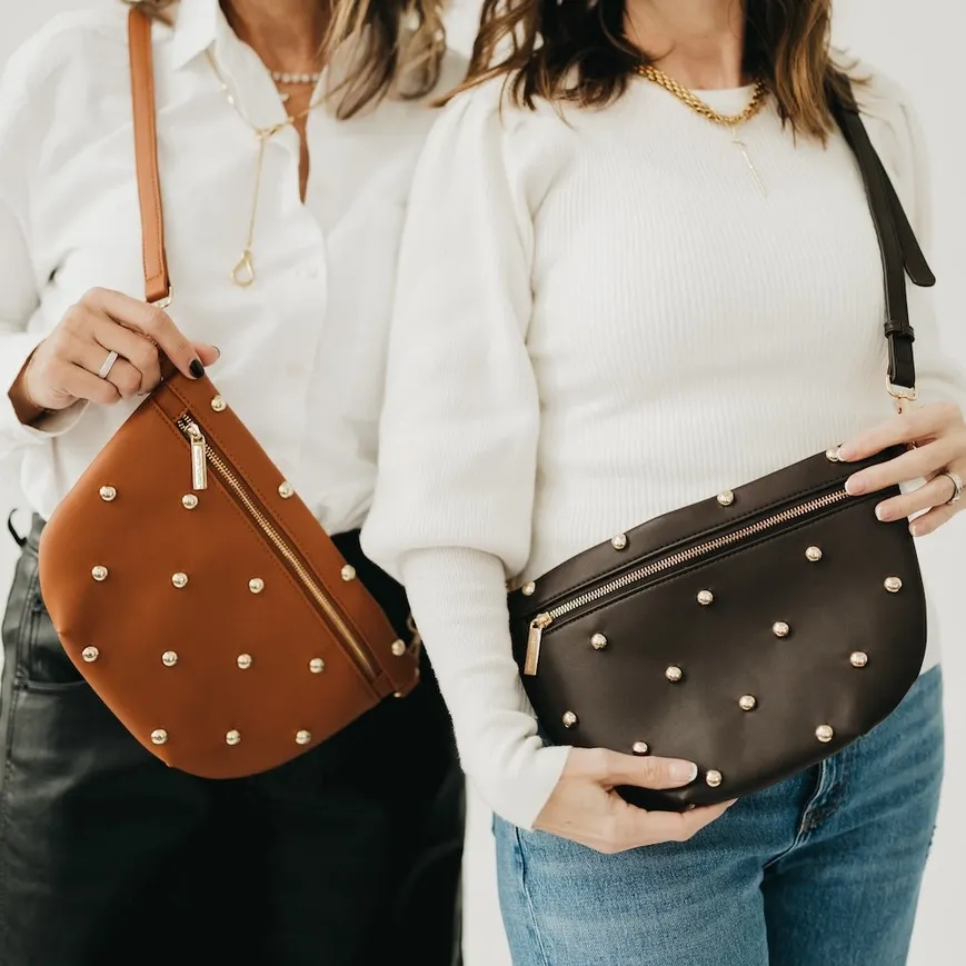 Chic Gold Studded Westlyn Bum Bag-Brown