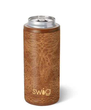 Saddle Stitch Cognac Skinny Can Cooler 12oz