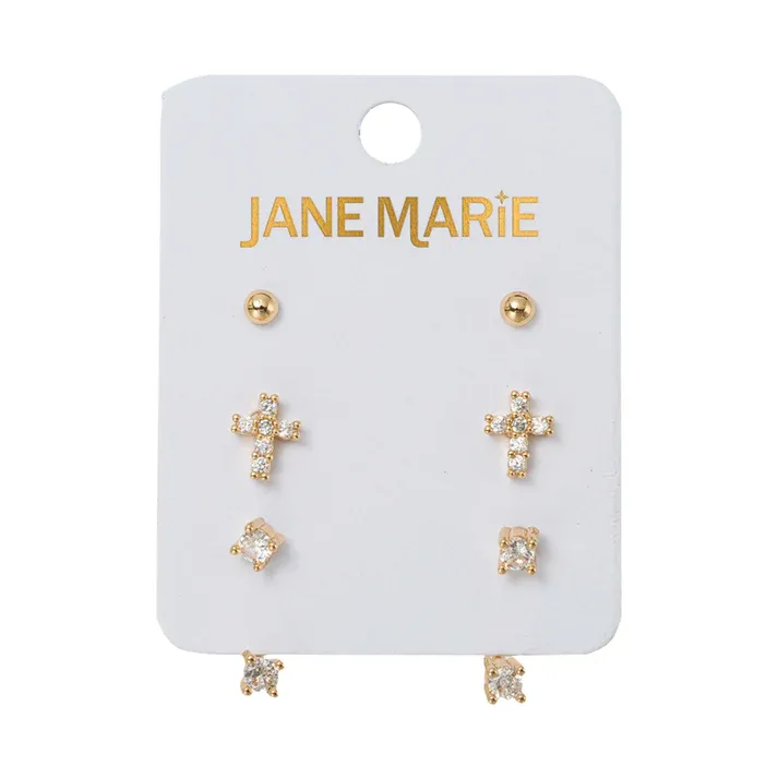 Set 3 Earrings Gold Ball, Crystal Cross, Crystal