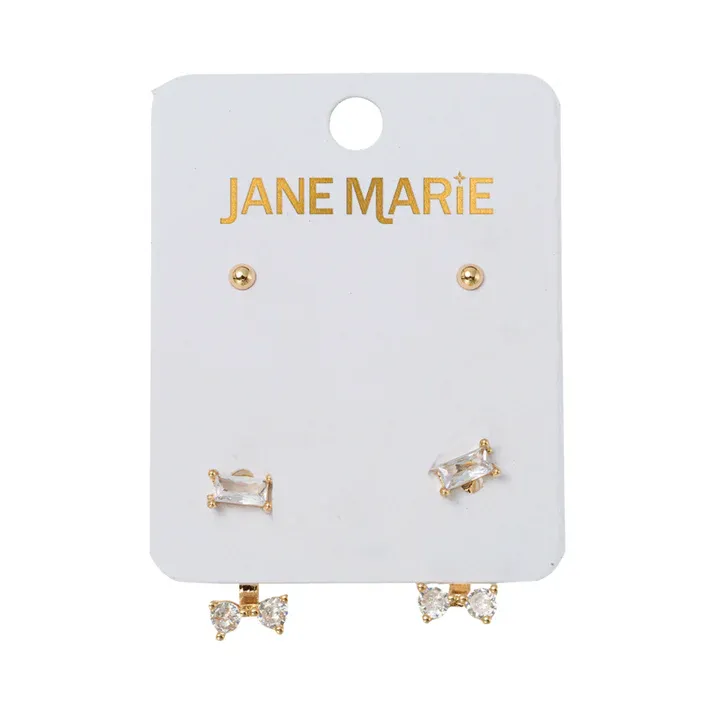 Set 2 Earrings Gold Ball, Crystal Double Stud