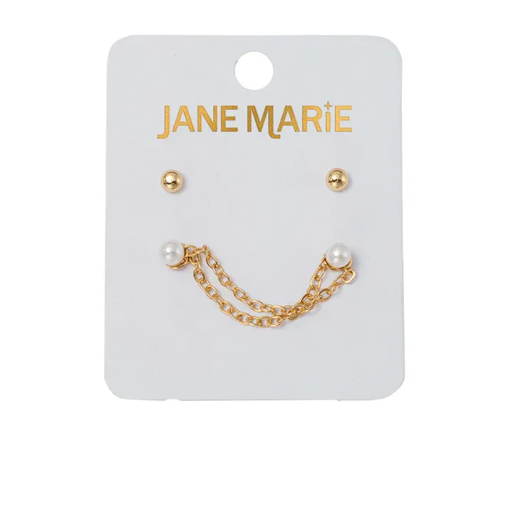 Set 2 Earrings Gold Ball, Pearl Double Stud, Crystal