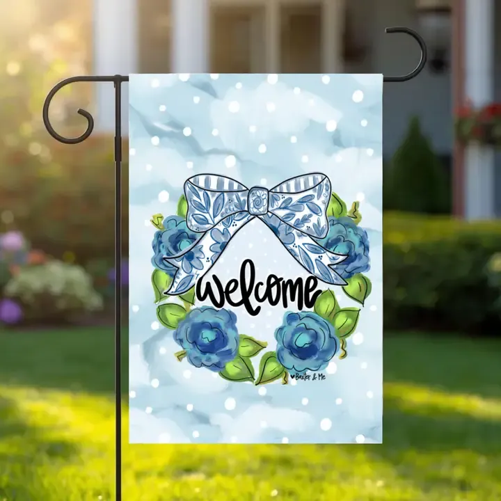 VG Blue Willow Bow Welcome Garden Flag
