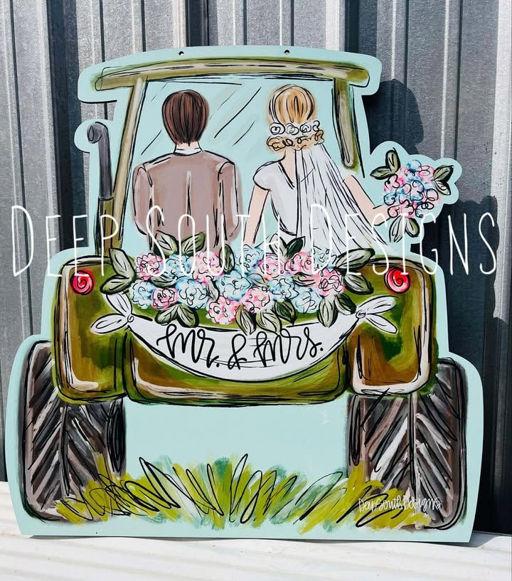 VG Mr &amp; Mrs Tractor Ride Doorhanger