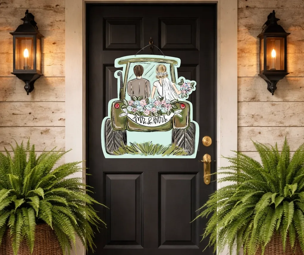 VG Mr &amp; Mrs Tractor Ride Doorhanger