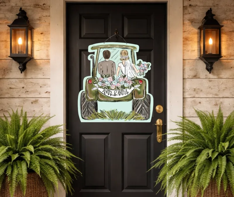 VG Mr &amp; Mrs Tractor Ride Doorhanger
