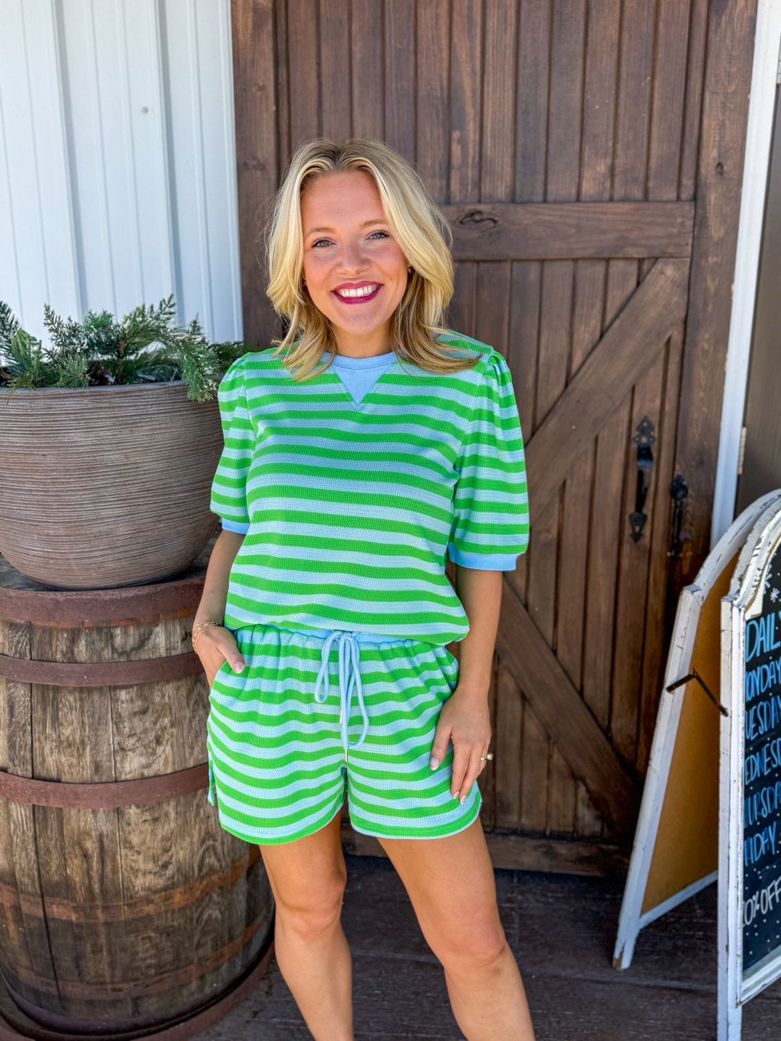 RD Puffy Sleeve Green Stripe Set