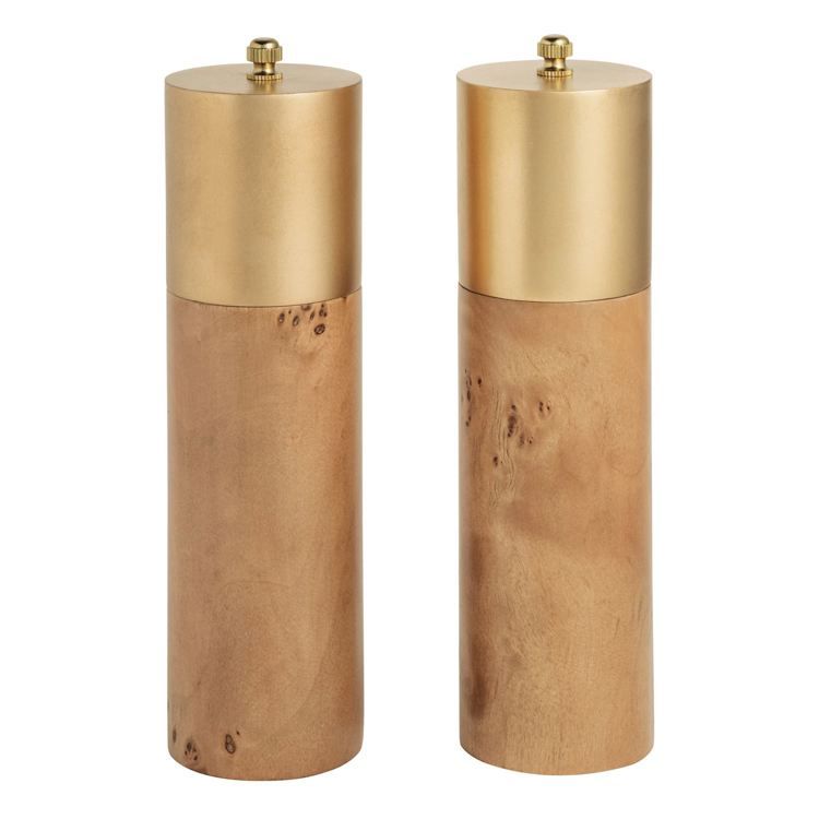 Burl Wood &amp; Brass Salt &amp; Pepper Grinder Set