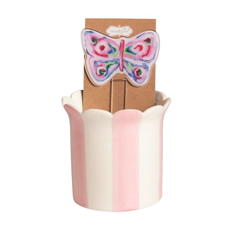 Butterfly Striped Pot &amp; Plant Stake Set
