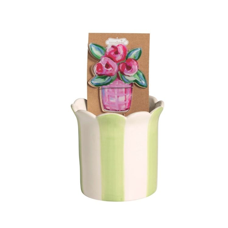 Flower Pot Striped Pot &amp; Plant Stake Set